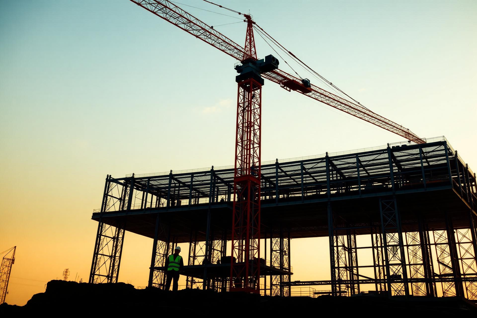 Steel frame building under construction at sunset with a tower crane
